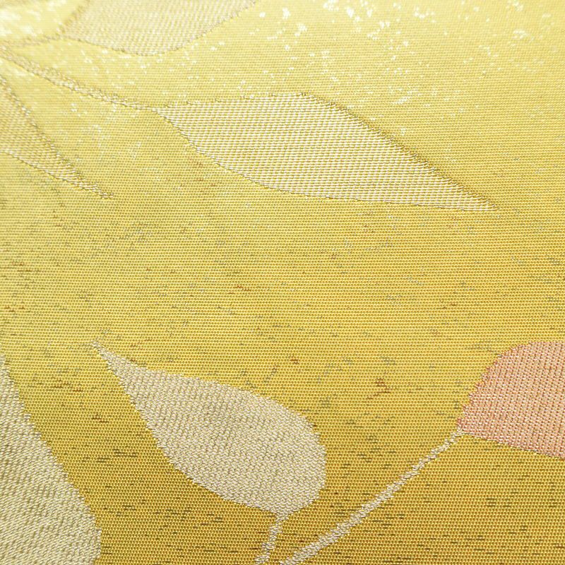 名古屋帯 六通柄 正絹 木の葉・植物柄 名古屋仕立て 箔 帯 黄・黄土色_画像5