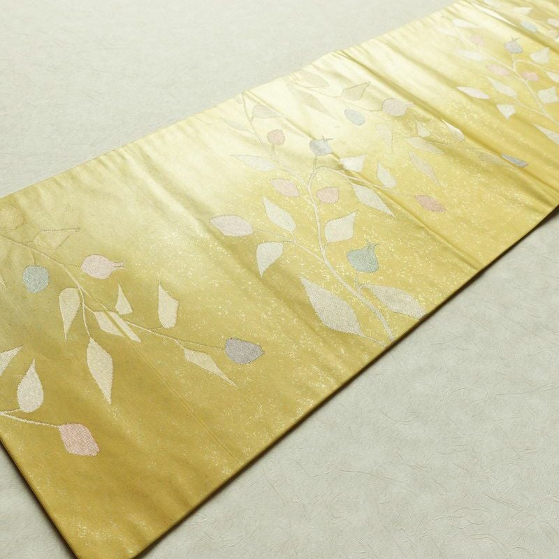 名古屋帯 六通柄 正絹 木の葉・植物柄 名古屋仕立て 箔 帯 黄・黄土色_画像8