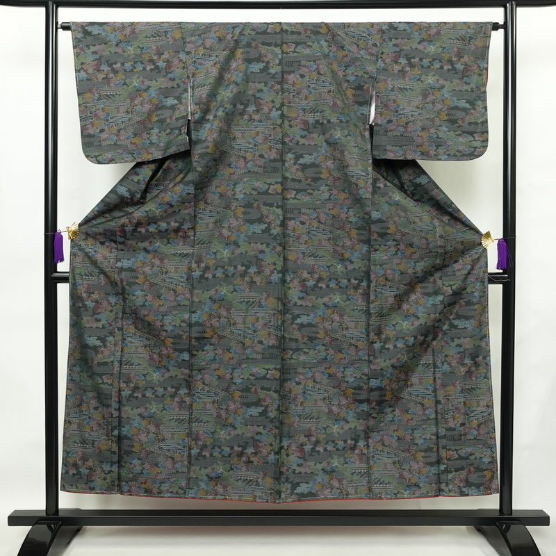 紬 しつけ糸付き 正絹 風景柄 袷仕立て 身丈152.5cm 裄丈64cm 着物 緑・うぐいす色_画像1