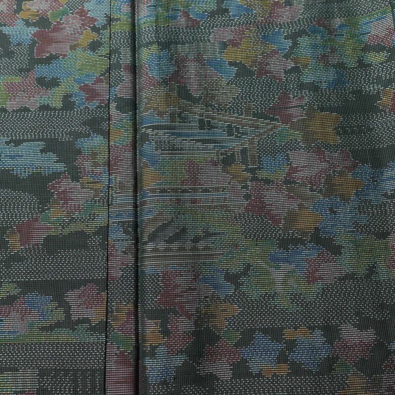 紬 しつけ糸付き 正絹 風景柄 袷仕立て 身丈152.5cm 裄丈64cm 着物 緑・うぐいす色_画像6