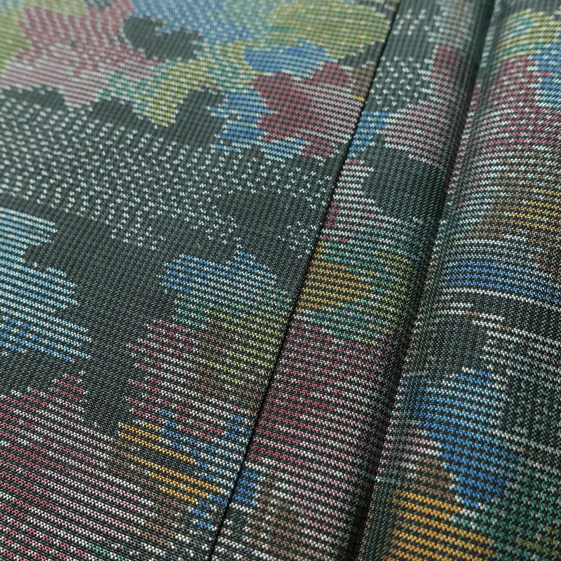 紬 しつけ糸付き 正絹 風景柄 袷仕立て 身丈152.5cm 裄丈64cm 着物 緑・うぐいす色_画像9