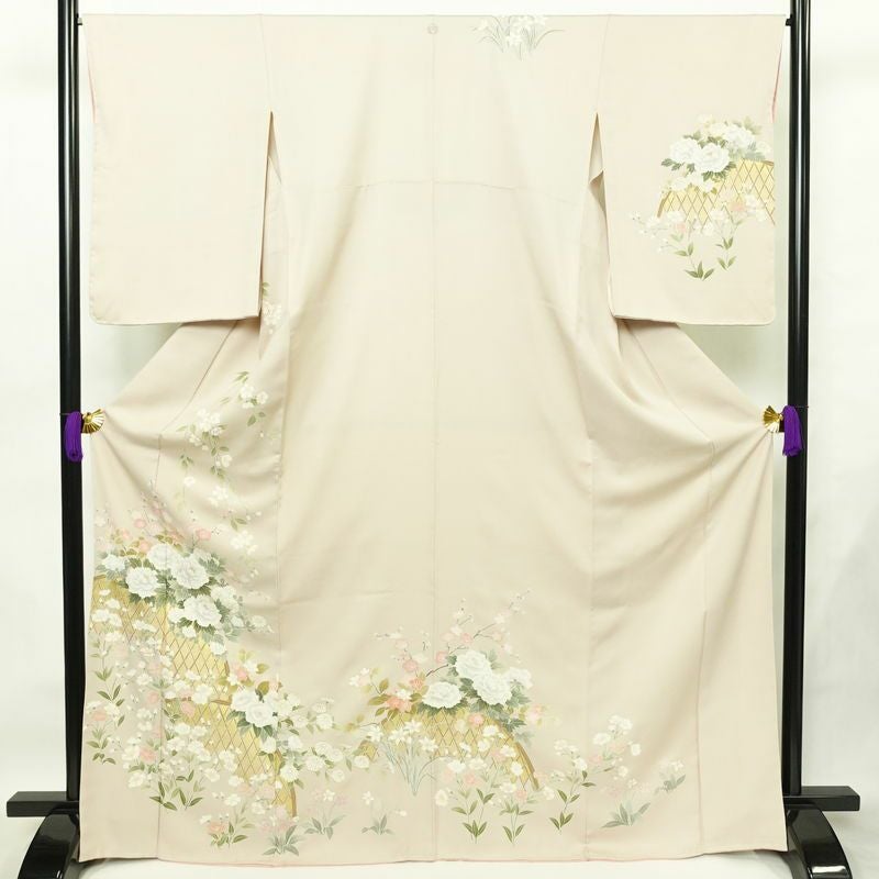 訪問着 しつけ糸付き 一つ紋付き 正絹 花柄 袷仕立て 身丈168.5cm 裄丈66.5cm 箔 フォーマル 着物 入学式 卒業式 結婚式 ピンク_画像1