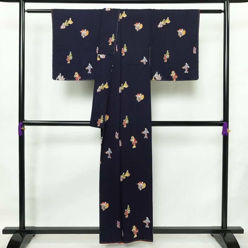 小紋 付下小紋 良品 しつけ糸付き 正絹 人物・動物柄 袷仕立て 身丈157cm 裄丈64cm 箔 金彩 着物 青・紺_画像2