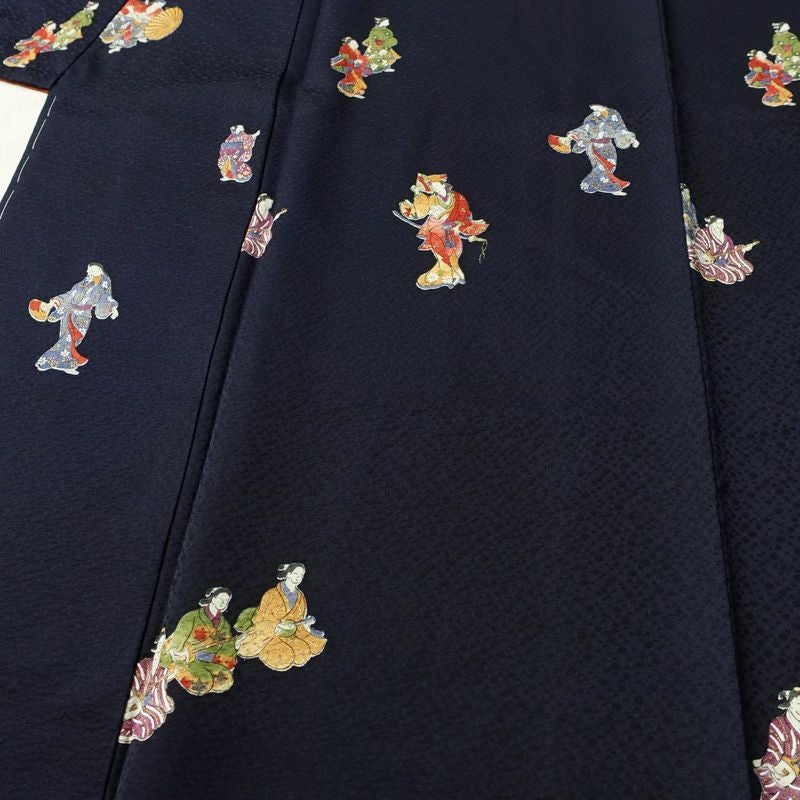 小紋 付下小紋 良品 しつけ糸付き 正絹 人物・動物柄 袷仕立て 身丈157cm 裄丈64cm 箔 金彩 着物 青・紺_画像5