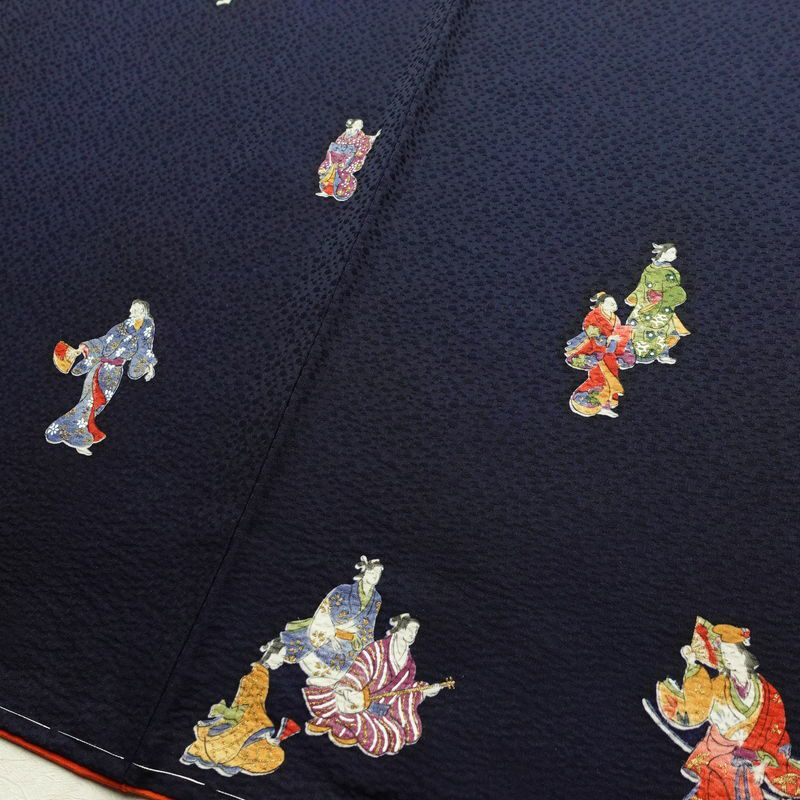 小紋 付下小紋 良品 しつけ糸付き 正絹 人物・動物柄 袷仕立て 身丈157cm 裄丈64cm 箔 金彩 着物 青・紺_画像14