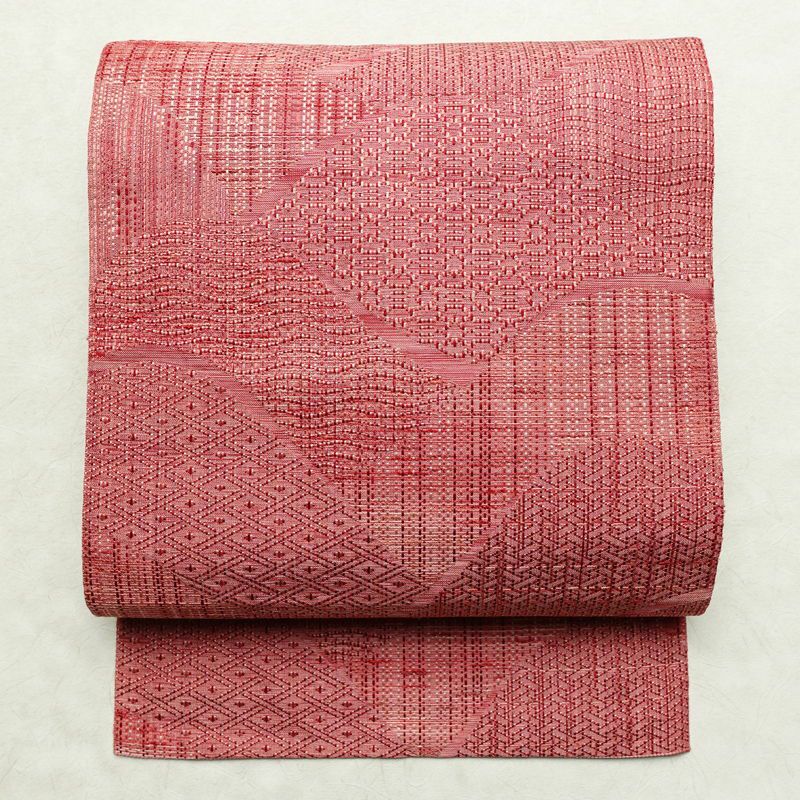 名古屋帯 六通柄 良品 正絹 幾何学柄・抽象柄 名古屋仕立て 帯 ピンク_画像1