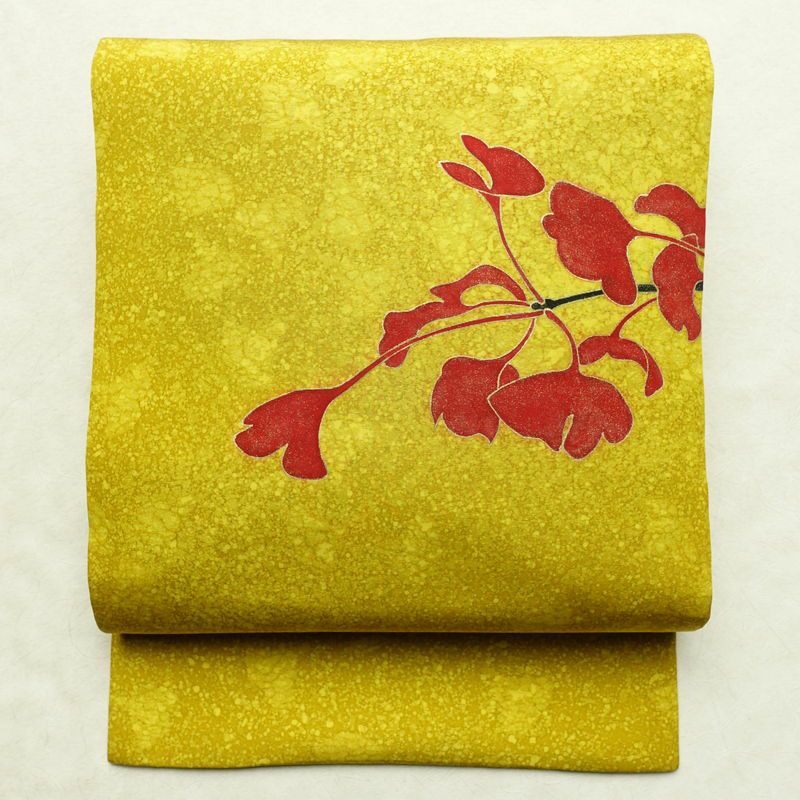 名古屋帯 太鼓柄 良品 正絹 木の葉・植物柄 名古屋仕立て 箔 金彩 イチョウ 帯 黄・黄土色_画像1