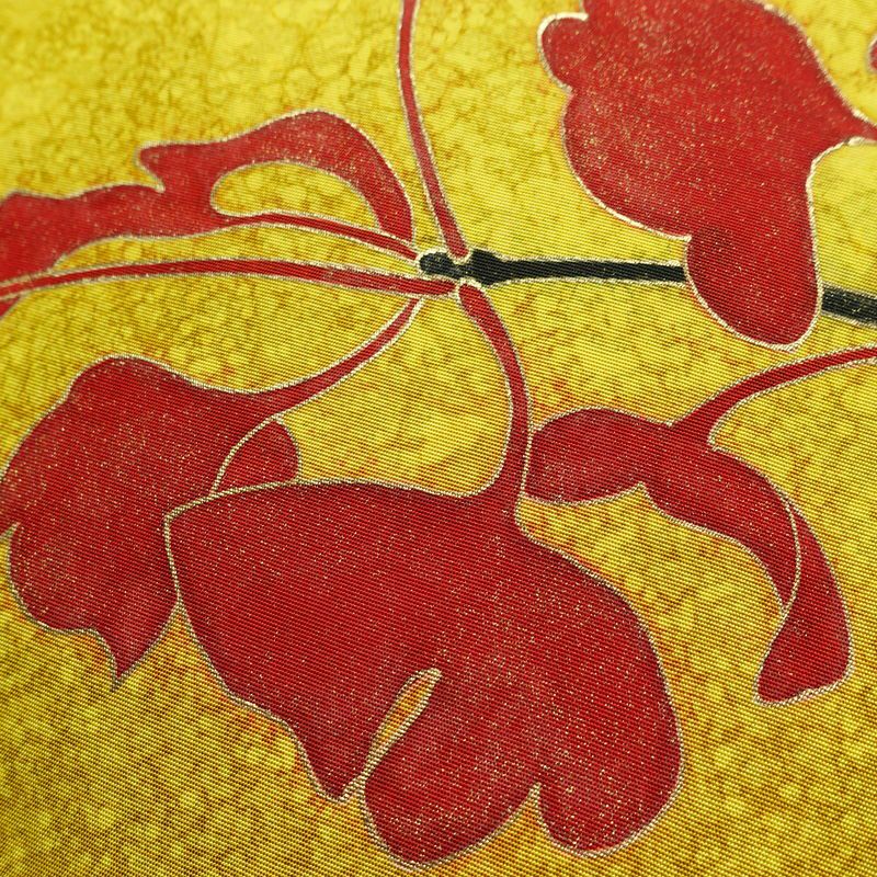 名古屋帯 太鼓柄 良品 正絹 木の葉・植物柄 名古屋仕立て 箔 金彩 イチョウ 帯 黄・黄土色_画像3