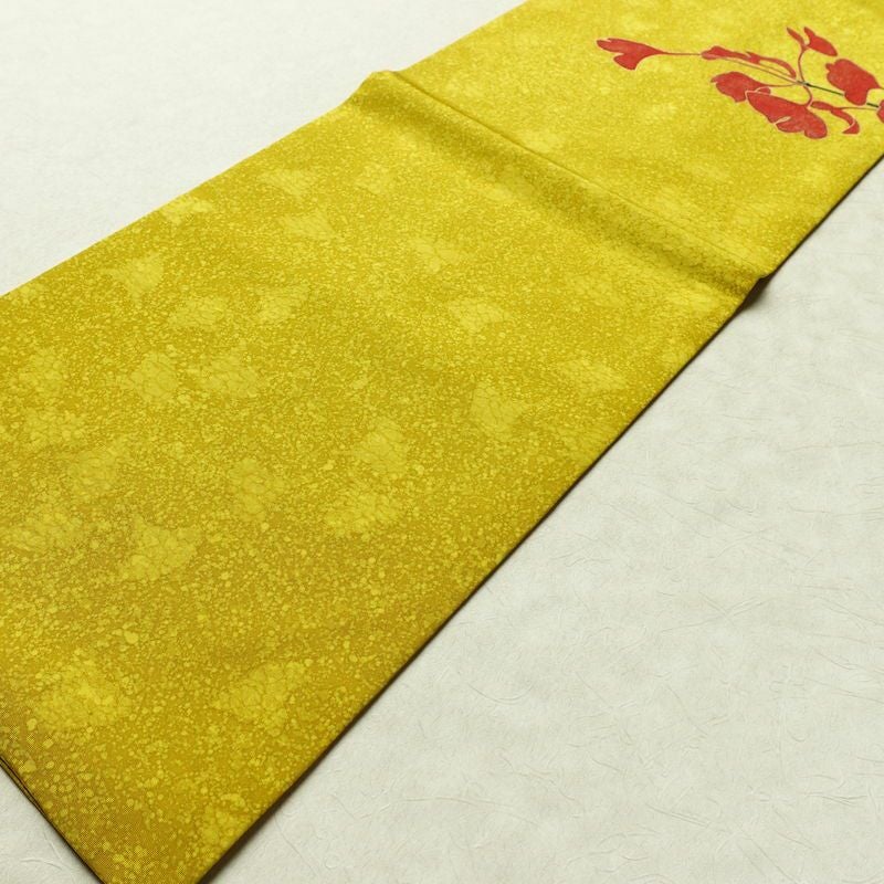 名古屋帯 太鼓柄 良品 正絹 木の葉・植物柄 名古屋仕立て 箔 金彩 イチョウ 帯 黄・黄土色_画像8