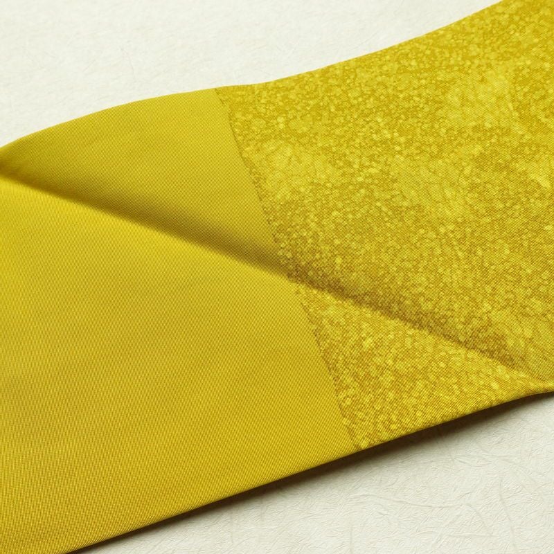 名古屋帯 太鼓柄 良品 正絹 木の葉・植物柄 名古屋仕立て 箔 金彩 イチョウ 帯 黄・黄土色_画像14