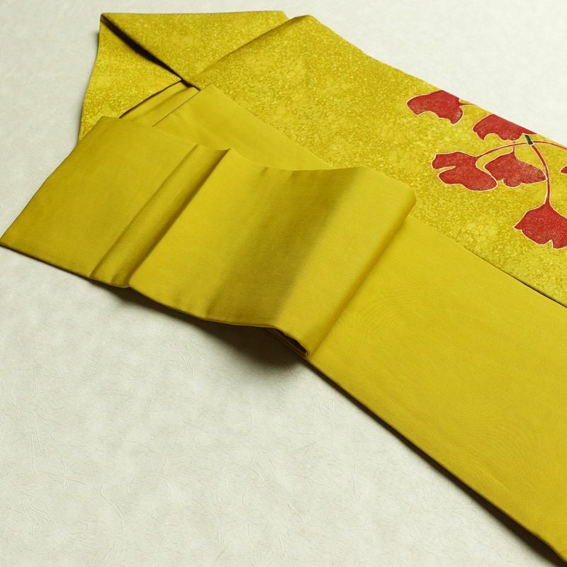 名古屋帯 太鼓柄 良品 正絹 木の葉・植物柄 名古屋仕立て 箔 金彩 イチョウ 帯 黄・黄土色_画像21
