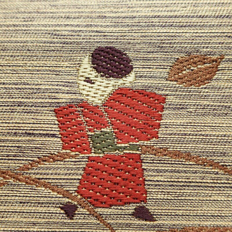 名古屋帯 太鼓柄 良品 正絹 人物・動物柄 名古屋仕立て 帯 ベージュ_画像4