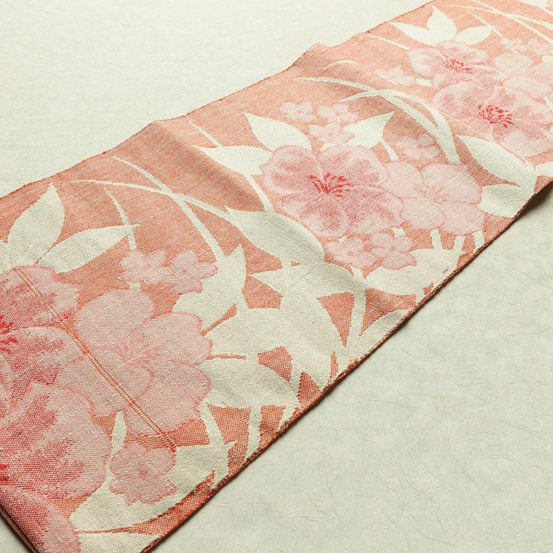 名古屋帯 六通柄 正絹 花柄 名古屋仕立て 帯 紬地 サーモンピンク ピンク_画像8