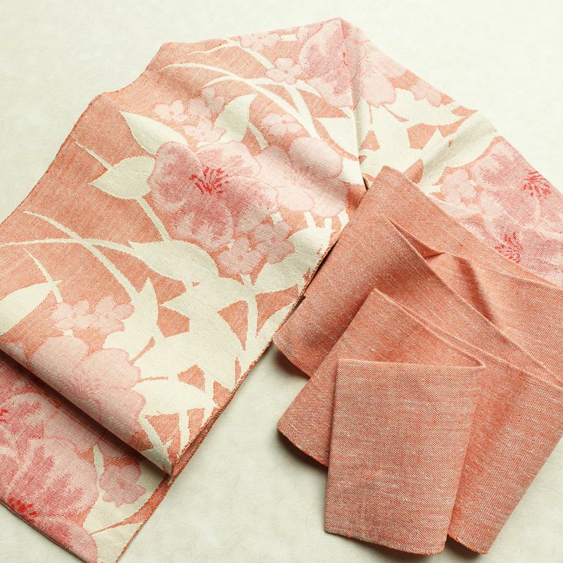 名古屋帯 六通柄 正絹 花柄 名古屋仕立て 帯 紬地 サーモンピンク ピンク_画像16