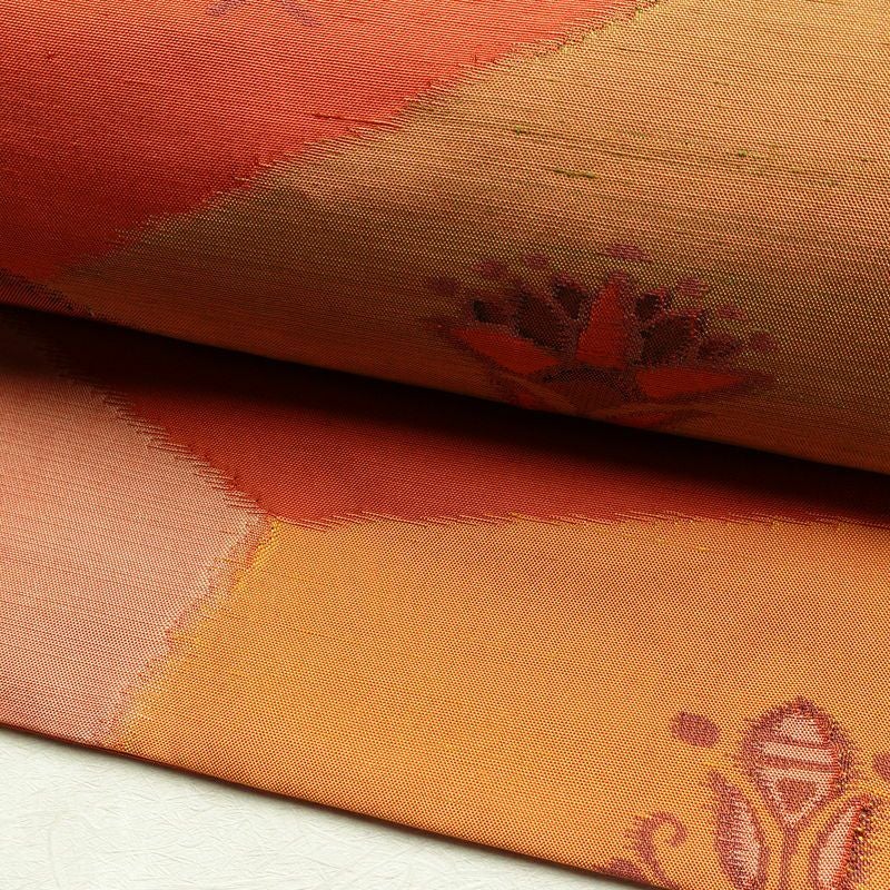 名古屋帯 六通柄 正絹 花柄 名古屋仕立て 帯 紬地 橙_画像6