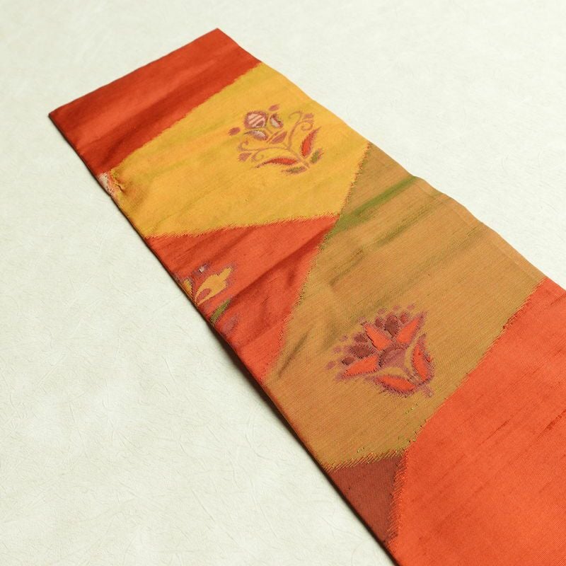 名古屋帯 六通柄 正絹 花柄 名古屋仕立て 帯 紬地 橙_画像14
