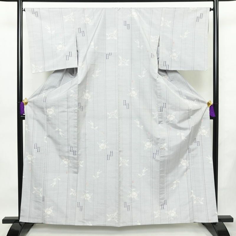 単衣 紬 良品 正絹 花柄 単衣仕立て 身丈162.5cm 裄丈66cm 一部しつけ糸付き 着物 青・紺_画像1