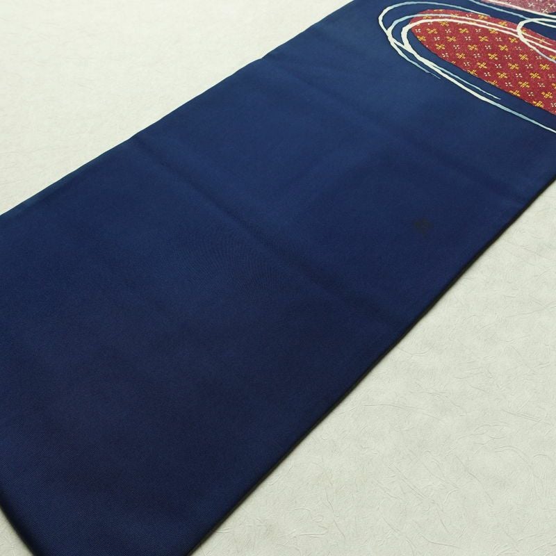 名古屋帯 太鼓柄 落款入り 正絹 古典柄 名古屋仕立て 箔 帯 青・紺_画像8