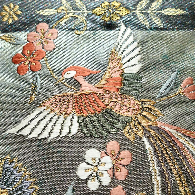 名古屋帯 太鼓柄 良品 正絹 木の葉・植物柄 名古屋仕立て 箔 刺繍 金・銀_画像4