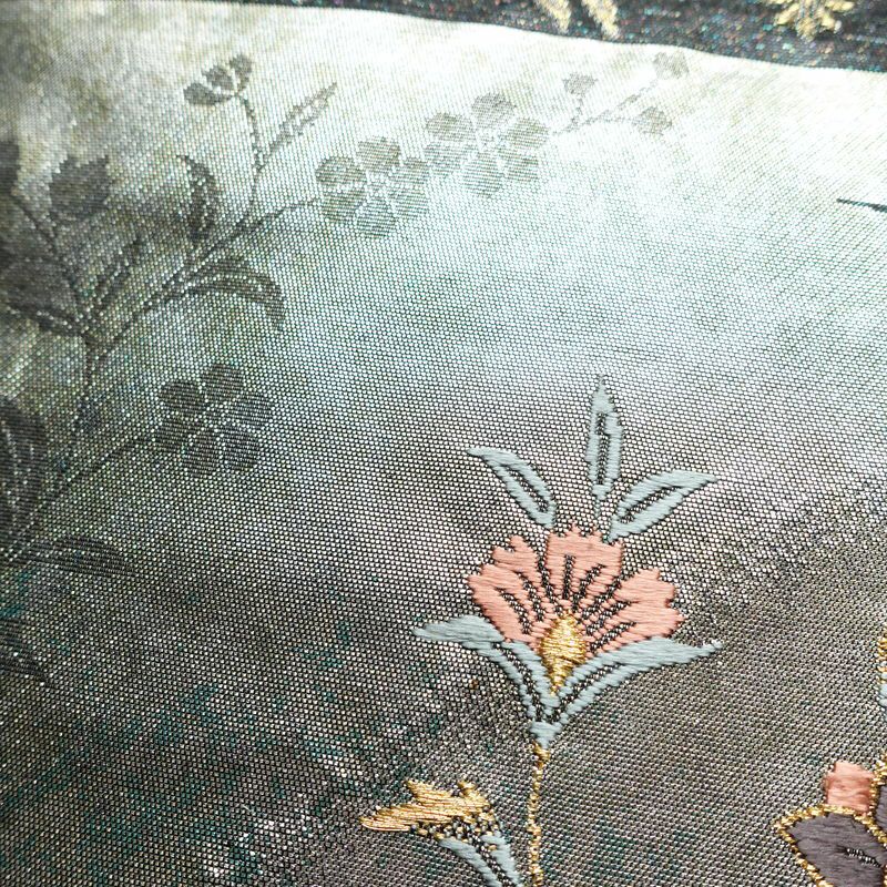 名古屋帯 太鼓柄 良品 正絹 木の葉・植物柄 名古屋仕立て 箔 刺繍 金・銀_画像7