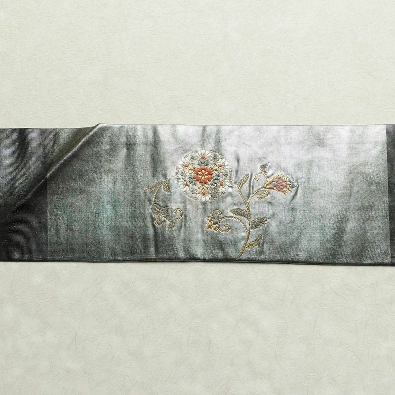 名古屋帯 太鼓柄 良品 正絹 木の葉・植物柄 名古屋仕立て 箔 刺繍 金・銀_画像14