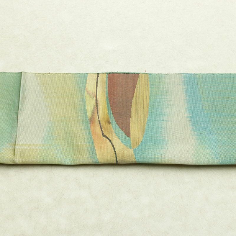 名古屋帯 太鼓柄 正絹 幾何学柄・抽象柄 通し仕立て 帯 緑・うぐいす色_画像14