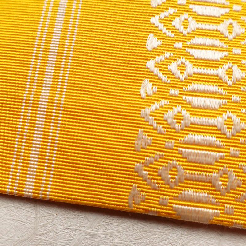名古屋帯 献上柄 全通柄 正絹 縞柄・線柄 松葉仕立て 帯 黄・黄土色_画像8