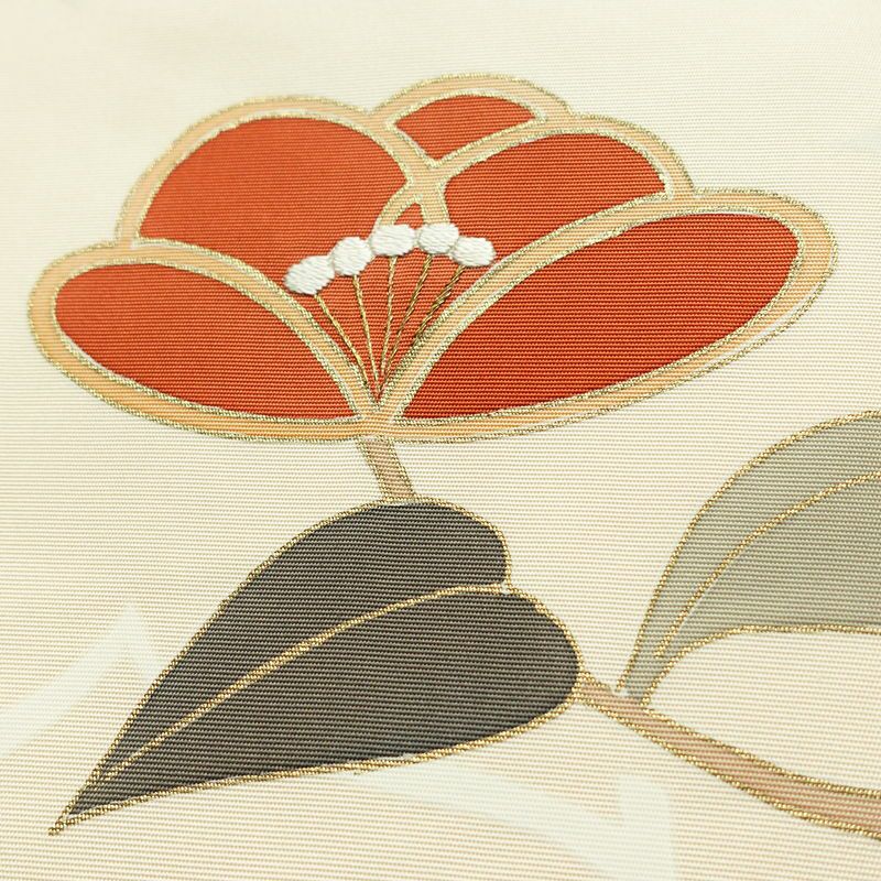 名古屋帯 太鼓柄 正絹 花柄 名古屋仕立て 箔 刺繍 金彩 帯 クリーム_画像3