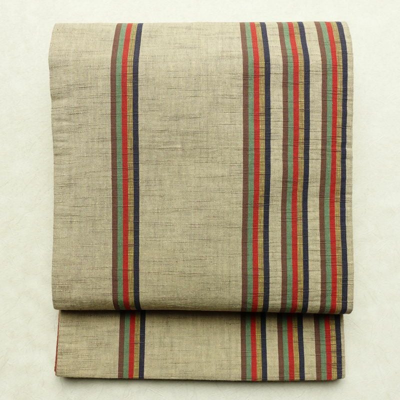 名古屋帯 全通柄 正絹 縞柄・線柄 通し仕立て 帯 ベージュ_画像1