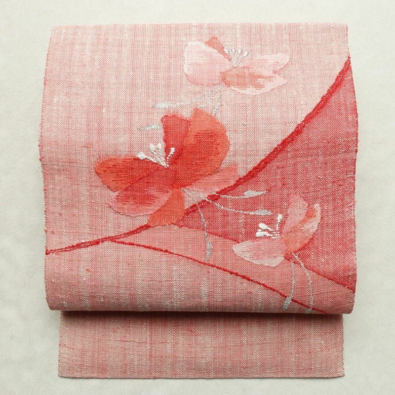 名古屋帯 太鼓柄 美品 正絹 花柄 松葉仕立て 帯 紬地 ピンク_画像1