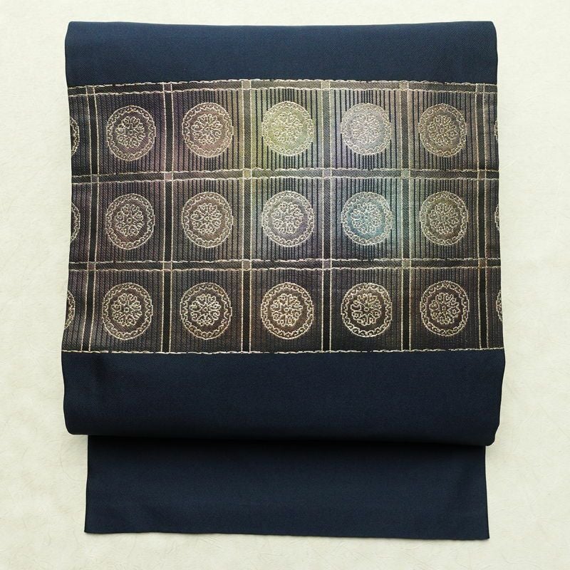 名古屋帯 太鼓柄 正絹 幾何学柄・抽象柄 名古屋仕立て 箔 帯 青・紺_画像1