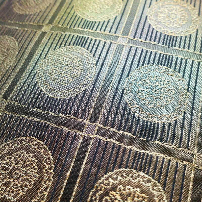 名古屋帯 太鼓柄 正絹 幾何学柄・抽象柄 名古屋仕立て 箔 帯 青・紺_画像3