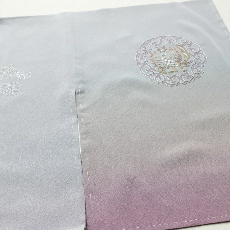 付け下げ 美品 しつけ糸付き 縮緬 正絹 人物・動物柄 袷仕立て 身丈170cm 裄丈70cm 刺繍 フォーマル 着物 入学式 卒業式 結婚式 ぼかし 紫・藤色_画像15