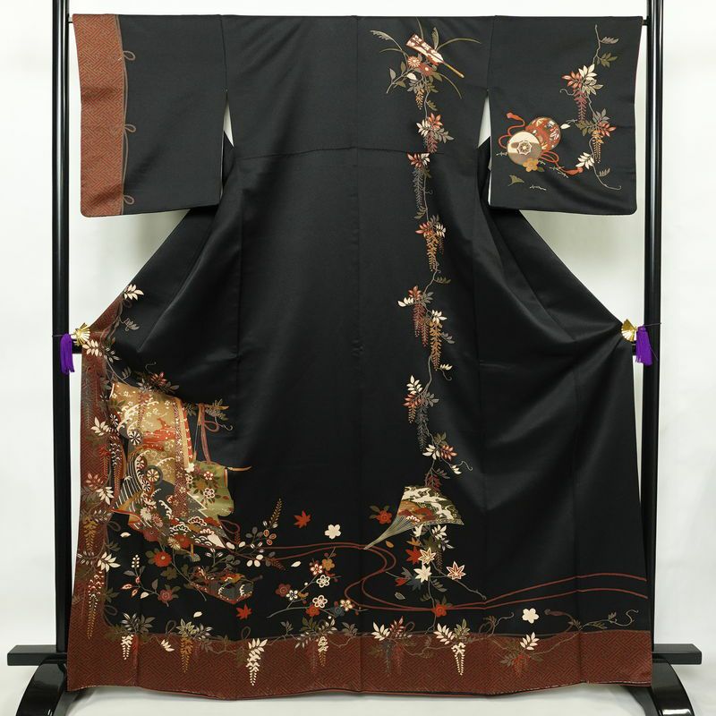 訪問着 良品 金駒刺繍 正絹 古典柄 袷仕立て 身丈166cm 裄丈67.5cm 箔 刺繍 金彩 フォーマル 着物 黒_画像1