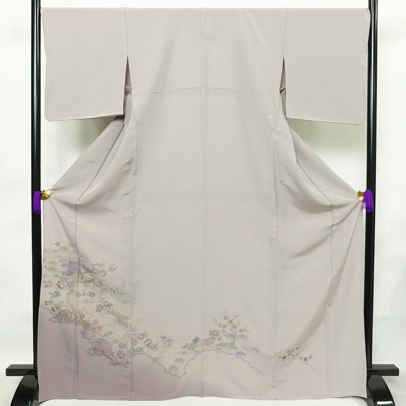 単衣 付下 良品 スワトウ刺繍 縮緬 正絹 風景柄 単衣仕立て 身丈169cm 裄丈68.5cm 刺繍 フォーマル 着物 付け下げ 紫・藤色_画像1