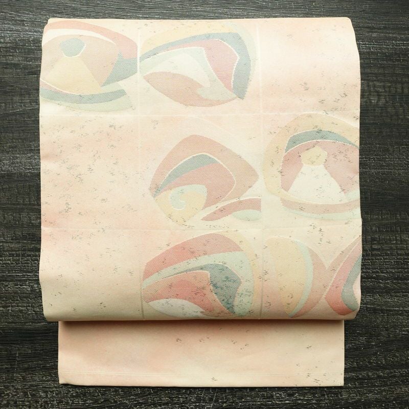 名古屋帯 太鼓柄 正絹 幾何学柄・抽象柄 名古屋仕立て 箔 帯 クリーム_画像1