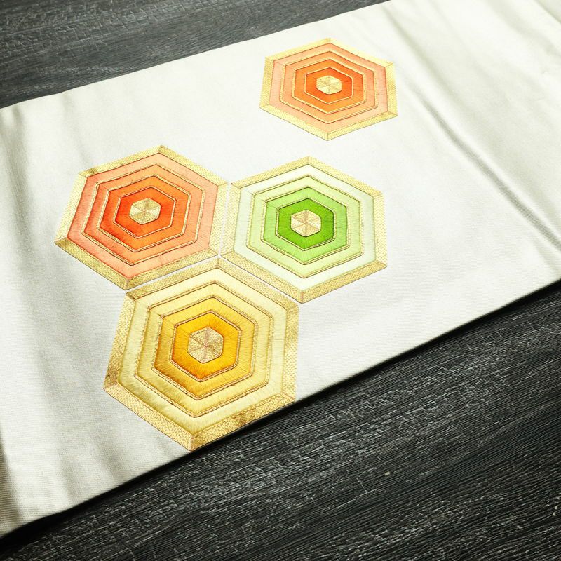名古屋帯 太鼓柄 金駒刺繍 正絹 亀甲柄 名古屋仕立て 刺繍 金糸 帯 金・銀_画像11