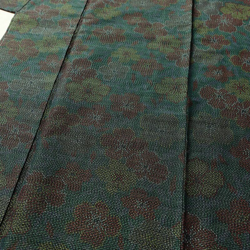 紬 良品 しつけ糸付き 正絹 花柄 袷仕立て 身丈155cm 裄丈63.5cm 着物 緑・うぐいす色_画像5