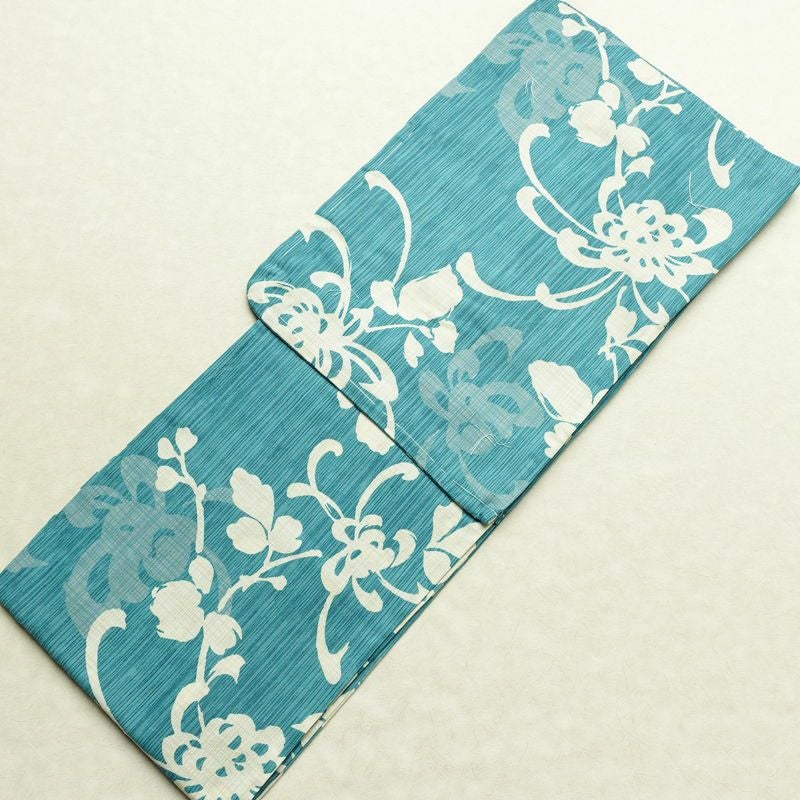 新品 浴衣 女性用 綿麻 高級変わり織 古典柄 花柄 菊柄 ゆかた 未使用品 しつけ糸付き くすみカラー くすみターコイズ モダン 上品 乱菊_画像1