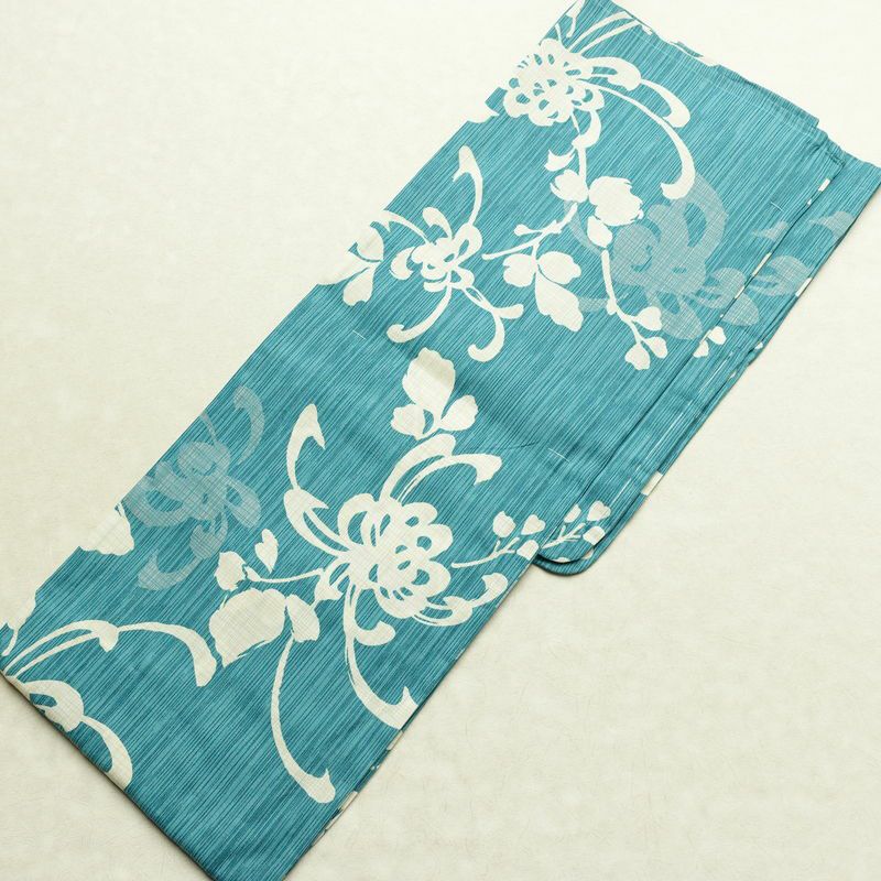 新品 浴衣 女性用 綿麻 高級変わり織 古典柄 花柄 菊柄 ゆかた 未使用品 しつけ糸付き くすみカラー くすみターコイズ モダン 上品 乱菊_画像2