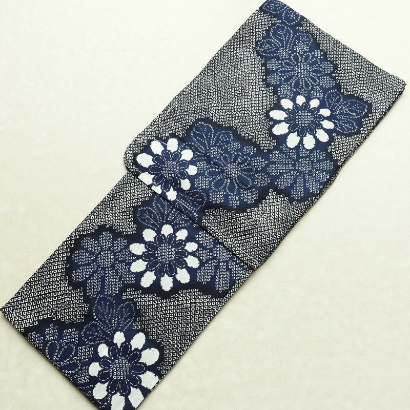 新品 浴衣 女性用 綿麻 高級変わり織 古典柄 花柄 ゆかた 未使用品 しつけ糸付き 紺 レトロ モダン 鹿の子_画像1