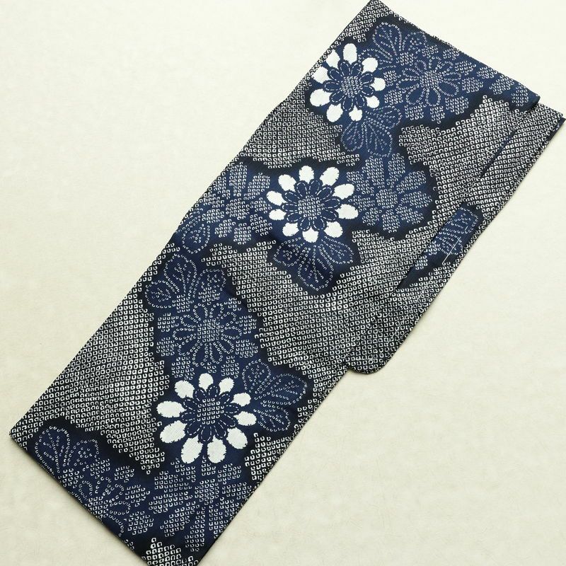 新品 浴衣 女性用 綿麻 高級変わり織 古典柄 花柄 ゆかた 未使用品 しつけ糸付き 紺 レトロ モダン 鹿の子_画像2