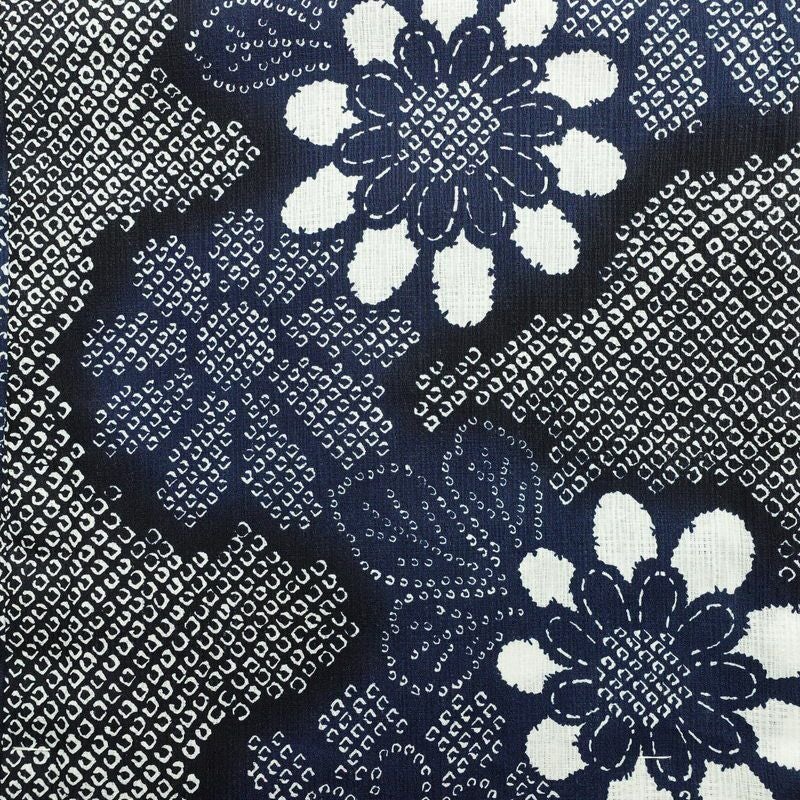 新品 浴衣 女性用 綿麻 高級変わり織 古典柄 花柄 ゆかた 未使用品 しつけ糸付き 紺 レトロ モダン 鹿の子_画像3