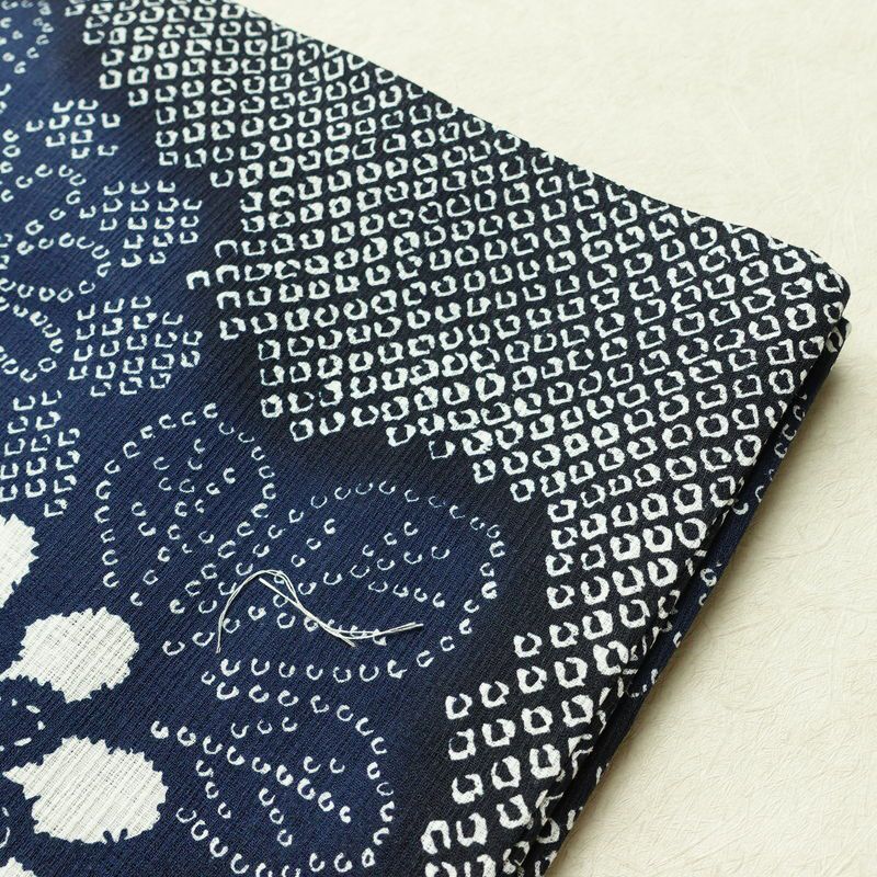 新品 浴衣 女性用 綿麻 高級変わり織 古典柄 花柄 ゆかた 未使用品 しつけ糸付き 紺 レトロ モダン 鹿の子_画像10