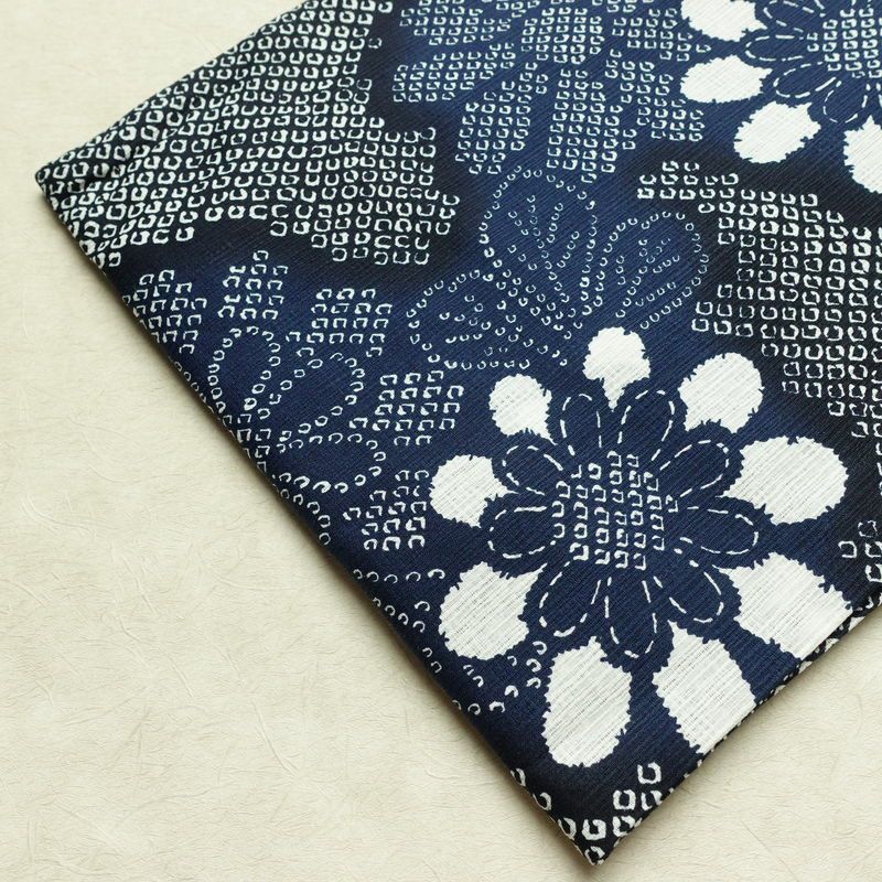 新品 浴衣 女性用 綿麻 高級変わり織 古典柄 花柄 ゆかた 未使用品 しつけ糸付き 紺 レトロ モダン 鹿の子_画像12