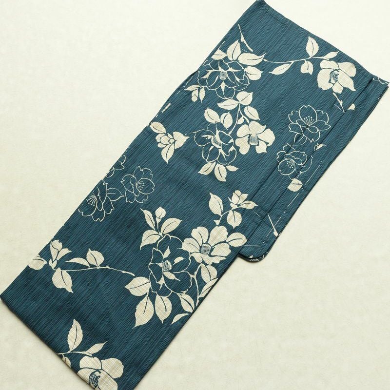 新品 浴衣 女性用 綿麻 高級変わり織 古典柄 花柄 椿柄 ゆかた 未使用品 しつけ糸付き レトロ くすみカラー モダン_画像2