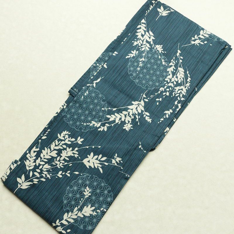 新品 浴衣 女性用 綿麻 高級変わり織 古典柄 ゆかた 未使用品 しつけ糸付き 二十緑 シック モダン 雪輪 麻の葉_画像2