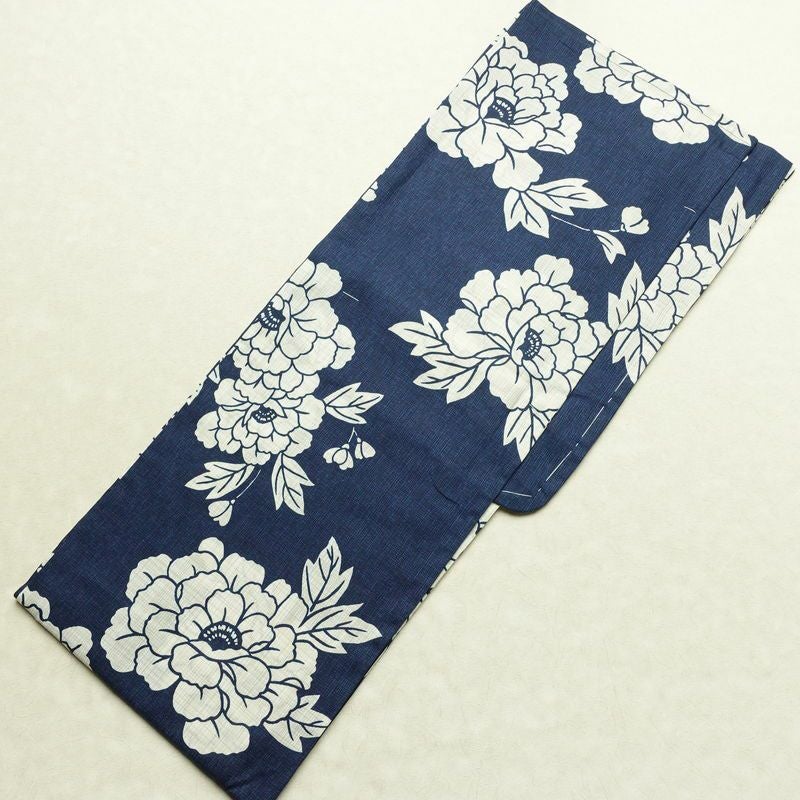 新品 浴衣 女性用 綿麻 高級変わり織 古典柄 花柄 牡丹柄 ゆかた 未使用品 しつけ糸付き 紺 シック モダン 上品 ボタン_画像2