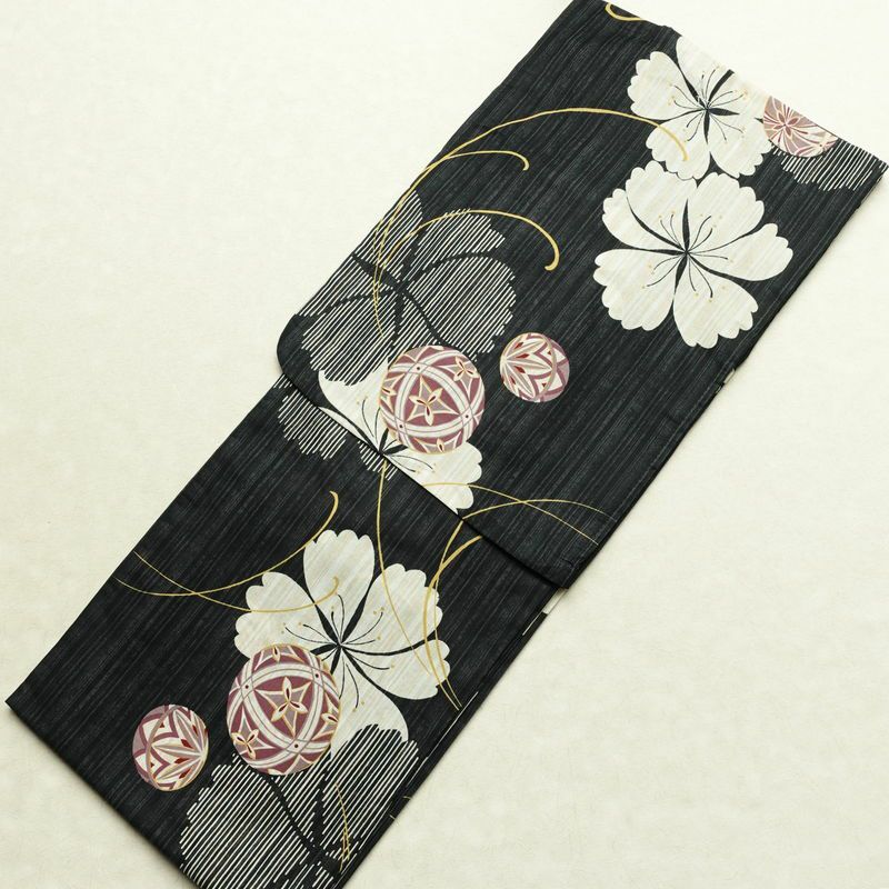 新品 浴衣 女性用 綿 平織 古典柄 ゆかた 未使用品 しつけ糸付き 黒 レトロ モダン まり 桜_画像1