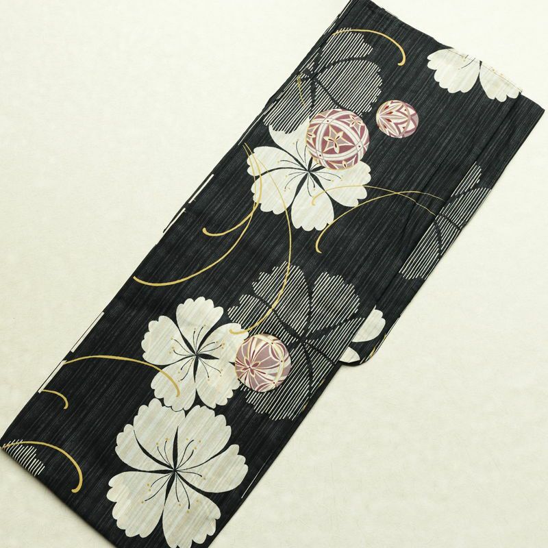 新品 浴衣 女性用 綿 平織 古典柄 ゆかた 未使用品 しつけ糸付き 黒 レトロ モダン まり 桜_画像2